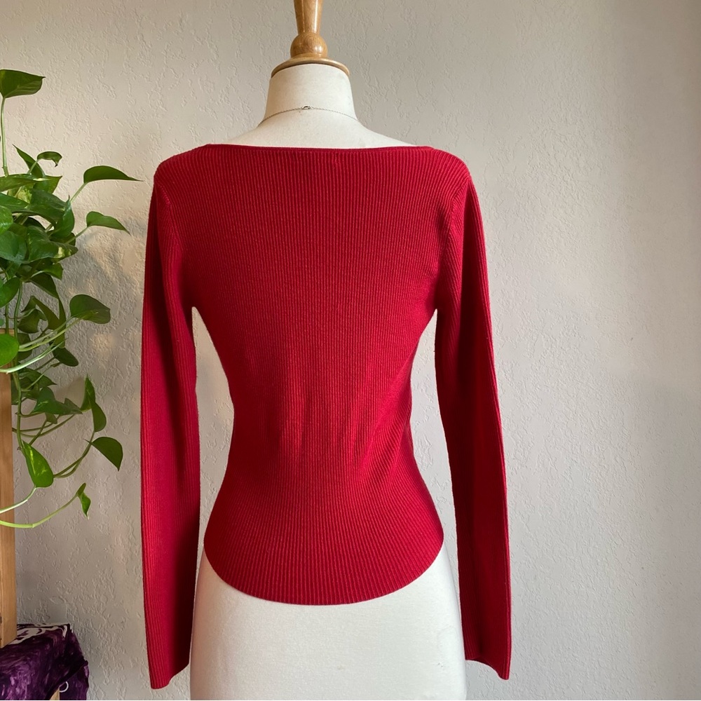 Leith Red Ribbed V neck long sleeve wrap top - Picture 5 of 14